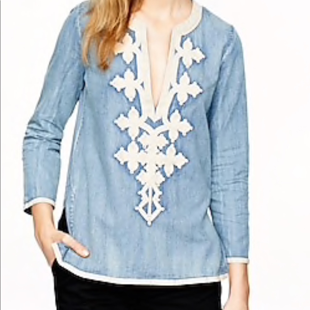 J CREW EMBROIDERED TUNIC IN CHAMBRAY
